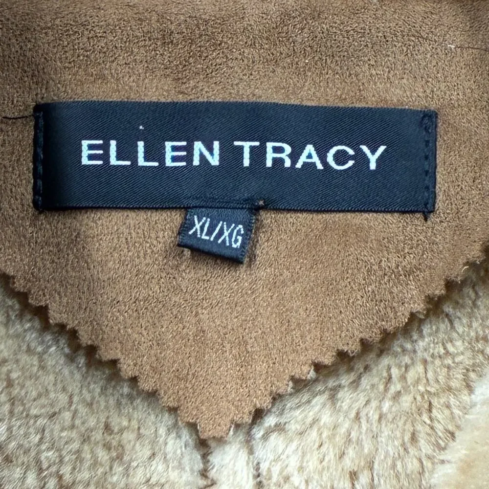 Ellen Tracy Jacket Coat Womens XL Brown Faux Suede Hooded Fur Trim Sherpa Lined
